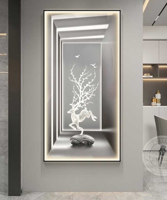 Ghazzele Grey And White Crystall Painting With Led Light Gold Frame